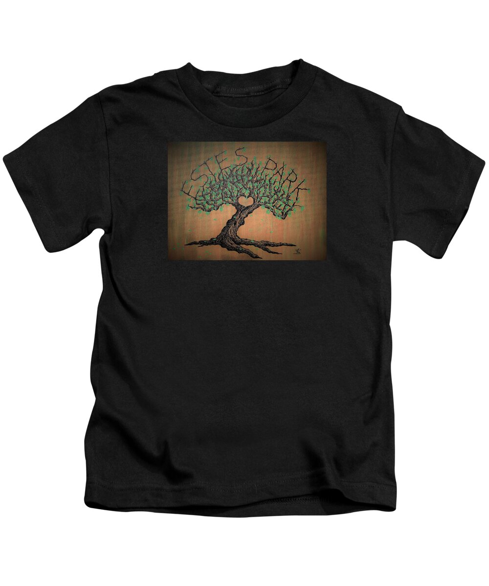 National Parks Kids T-Shirt featuring the drawing Estes Park Love Tree by Aaron Bombalicki