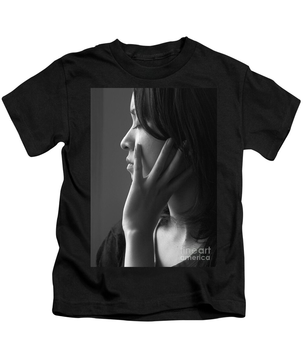 Woman Girl Candid Monochrome Hand Kids T-Shirt featuring the photograph Ferry girl by Sheila Smart Fine Art Photography