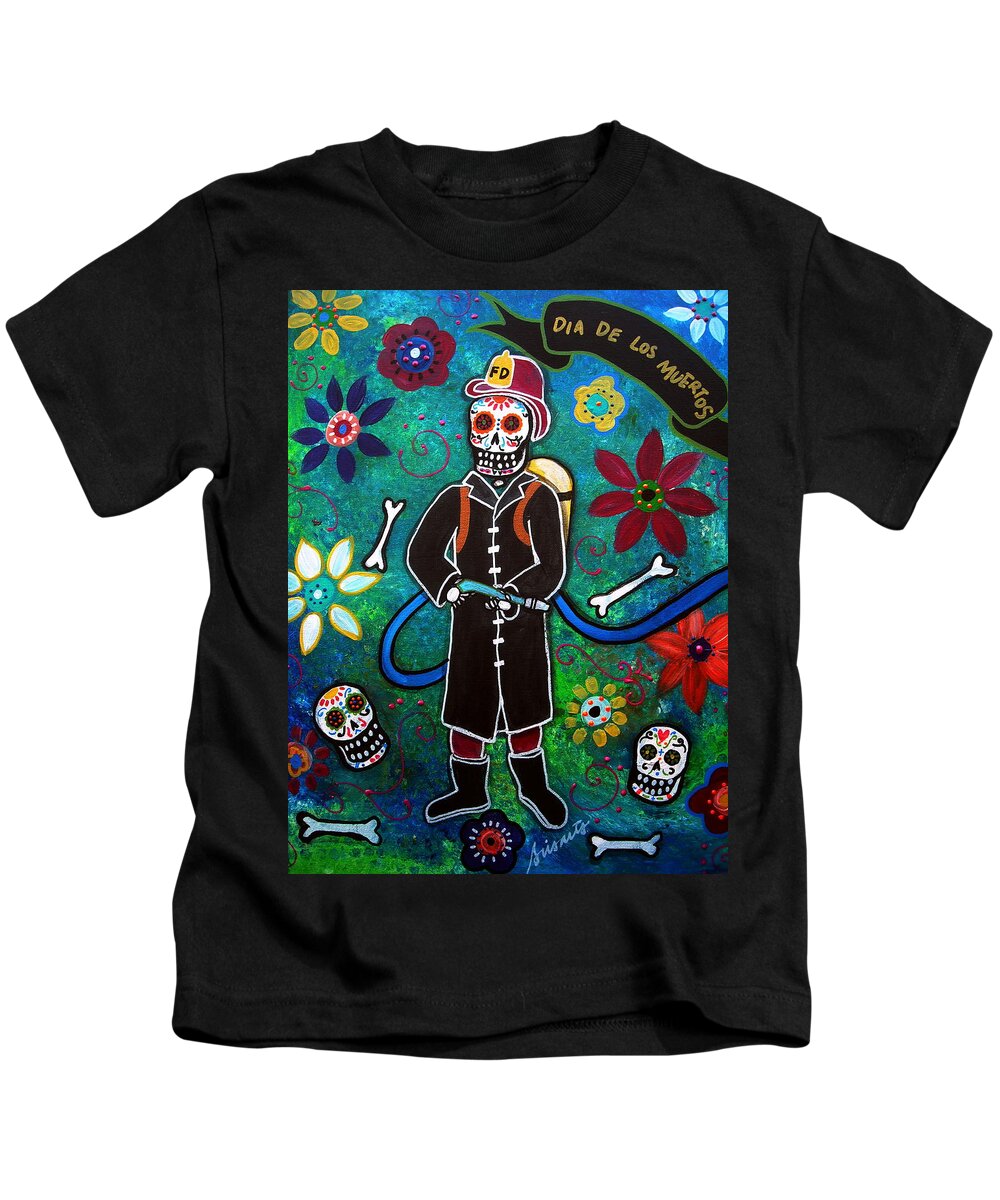 Dia Kids T-Shirt featuring the painting Firefighter Day Of The Dead by Pristine Cartera Turkus