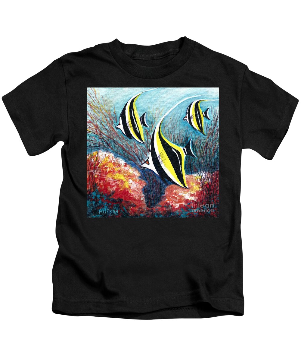#moorishidol #fish #oceans #coral #worldoceansday #butterflyfish Kids T-Shirt featuring the painting Moorish Idol Fish and Coral Reef by Allison Constantino