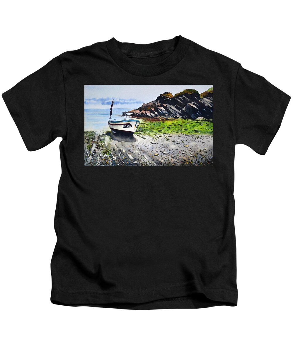 Tide Out Kids T-Shirt featuring the painting Fishing Boat Cadgwith by Paul Dene Marlor