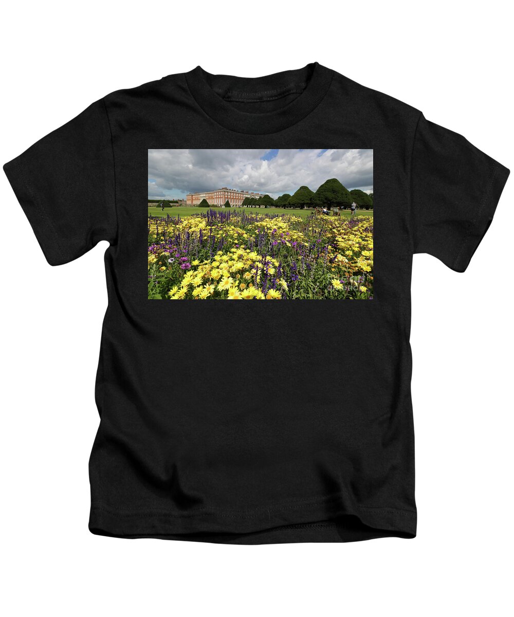Formal Garden At Hampton Court Palace Kids T-Shirt featuring the photograph Flower bed Hampton Court Palace by Julia Gavin