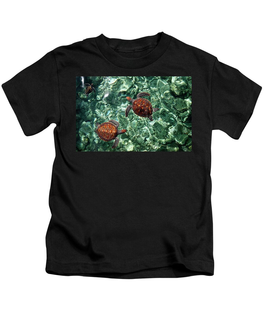 Jenny Rainbow Fine Art Photography Kids T-Shirt featuring the photograph Fragile Underwater World. Sea Turtles in a Crystal Water. Maldives by Jenny Rainbow