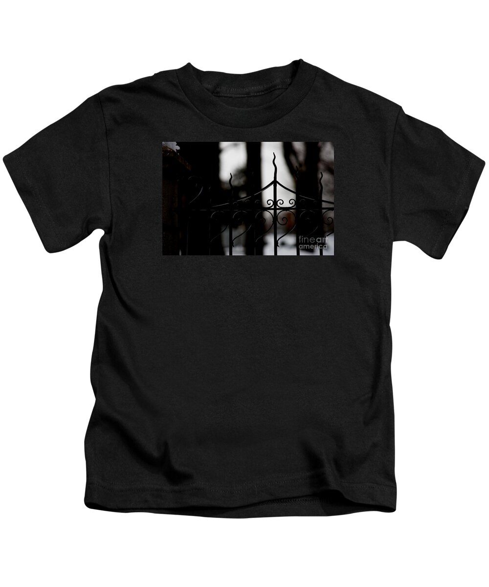 Wrought Iron Kids T-Shirt featuring the photograph Gated Woods by Linda Shafer