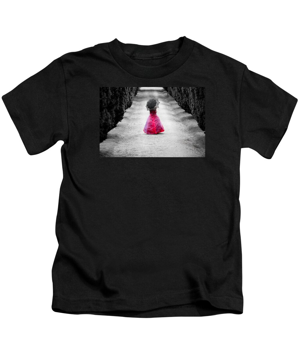 Avenue Of Trees Kids T-Shirt featuring the photograph Girl in a Red Dress by Helen Jackson