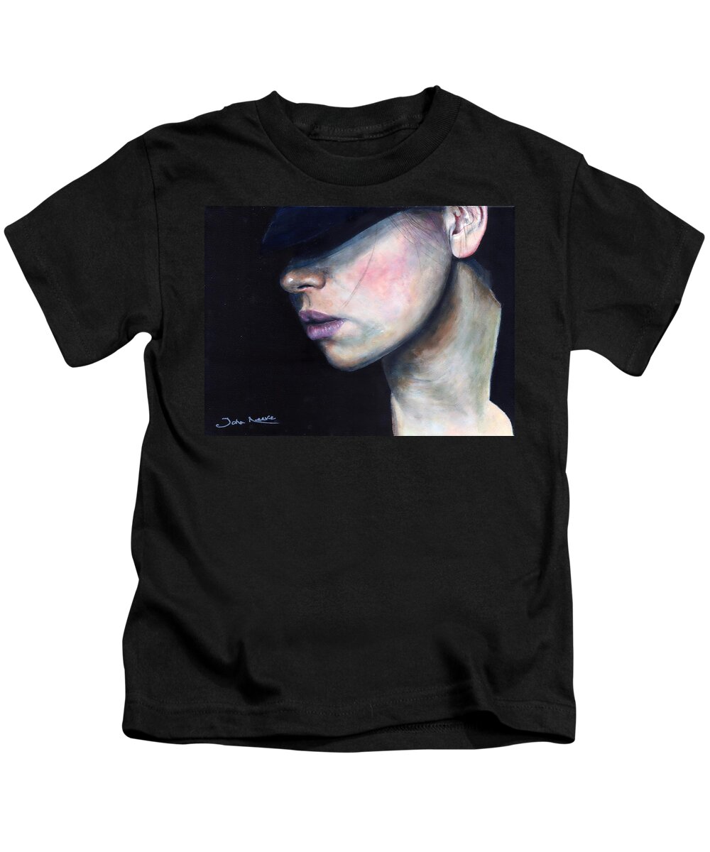 Woman Kids T-Shirt featuring the painting Girl in Black Hat by John Neeve