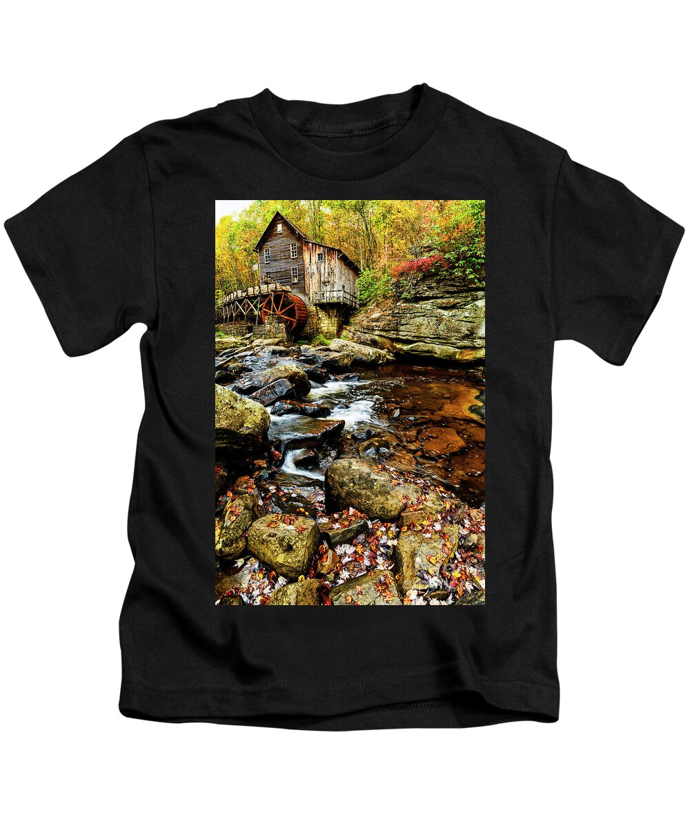 Babcock State Park Kids T-Shirt featuring the photograph Glade Creek Grist Mill Fall by Thomas R Fletcher