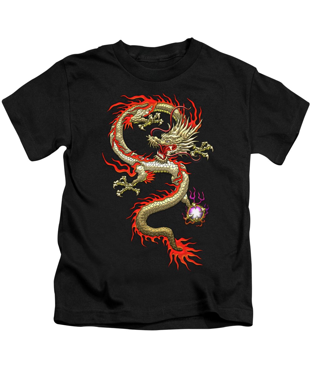 'treasures Of China' Collection By Serge Averbukh Kids T-Shirt featuring the digital art Golden Chinese Dragon Fucanglong on Black Silk by Serge Averbukh