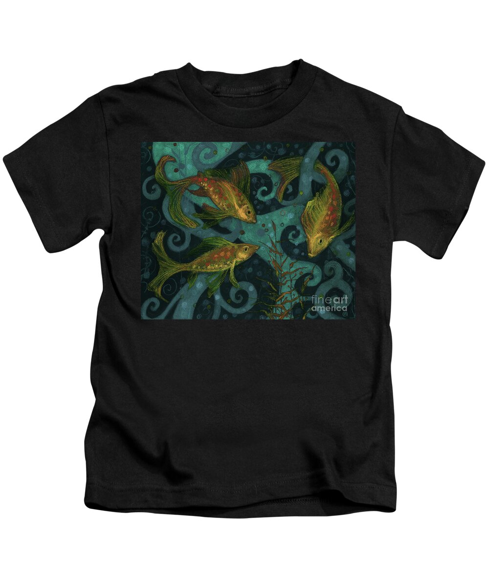 Fish Kids T-Shirt featuring the mixed media Golden Fishes, underwater creatures, black, teal and yellow by Julia Khoroshikh