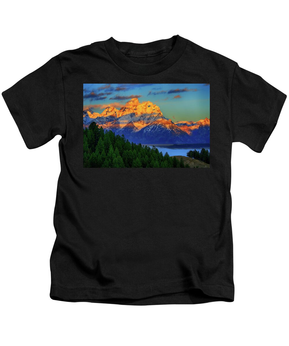 Grand Teton National Park Kids T-Shirt featuring the photograph Grand Teton Alpenglow by Greg Norrell