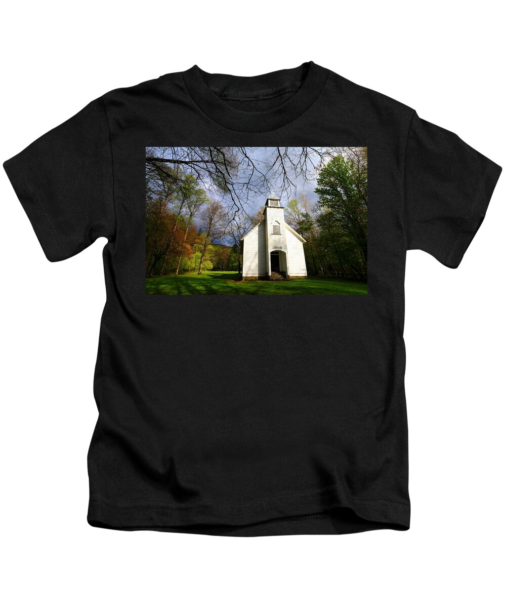 Smoky Mountains National Park Kids T-Shirt featuring the photograph Great Smoky Mountains Spring Storms Over Palmer Chapel by Carol Montoya