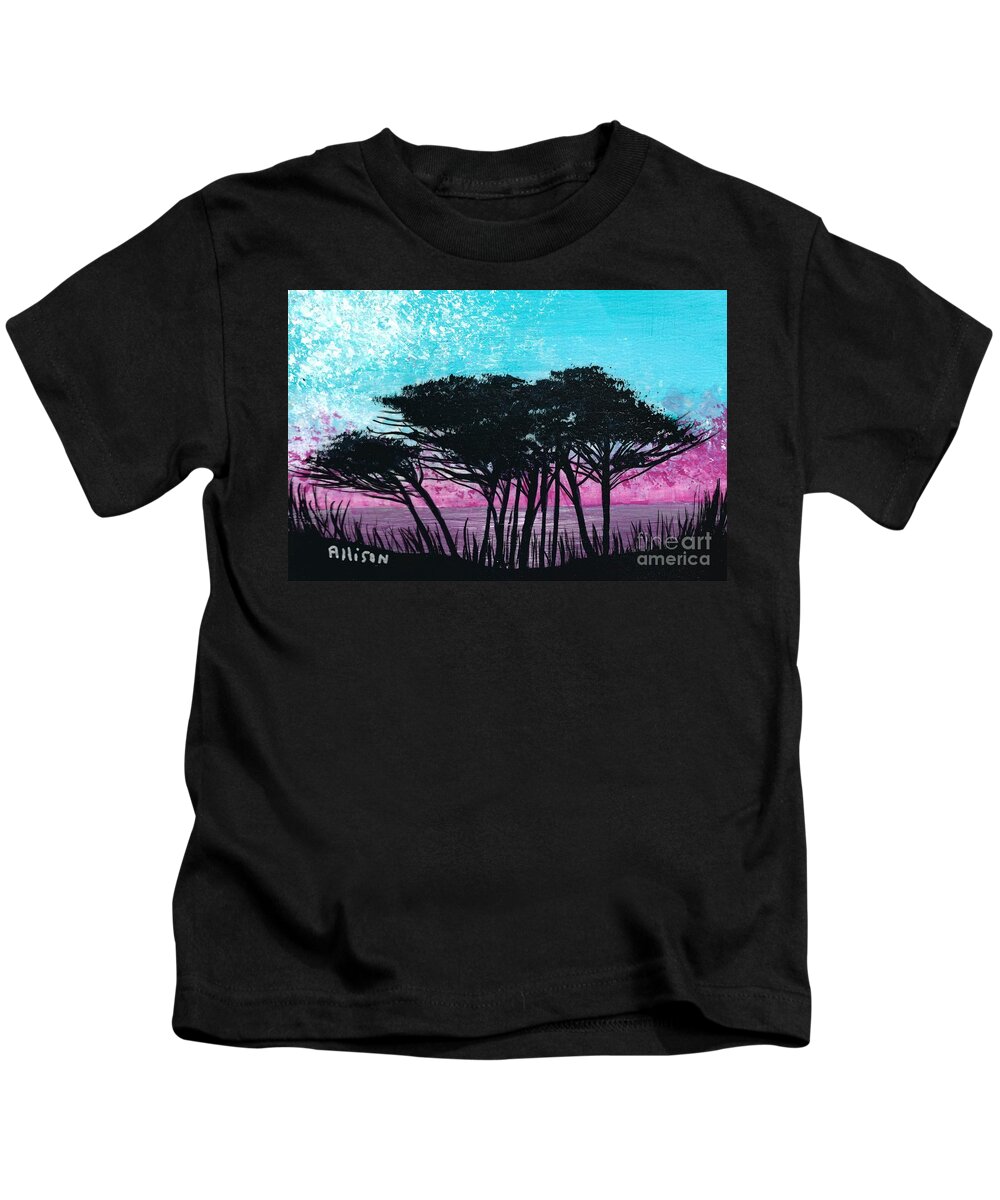 #trees #greece #woods #water #ocean #landscape Kids T-Shirt featuring the painting Grecian Sunset by Allison Constantino