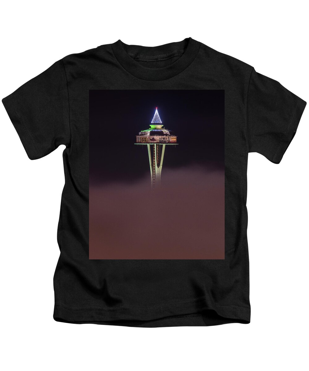 Seattle Kids T-Shirt featuring the photograph Green Space Needle Above The Fog by Matt McDonald
