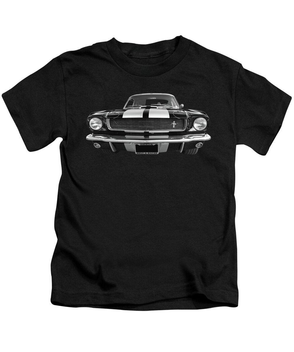 Ford Mustang Kids T-Shirt featuring the photograph Hertz Rent a Racer Mustang 1966 Black and White by Gill Billington