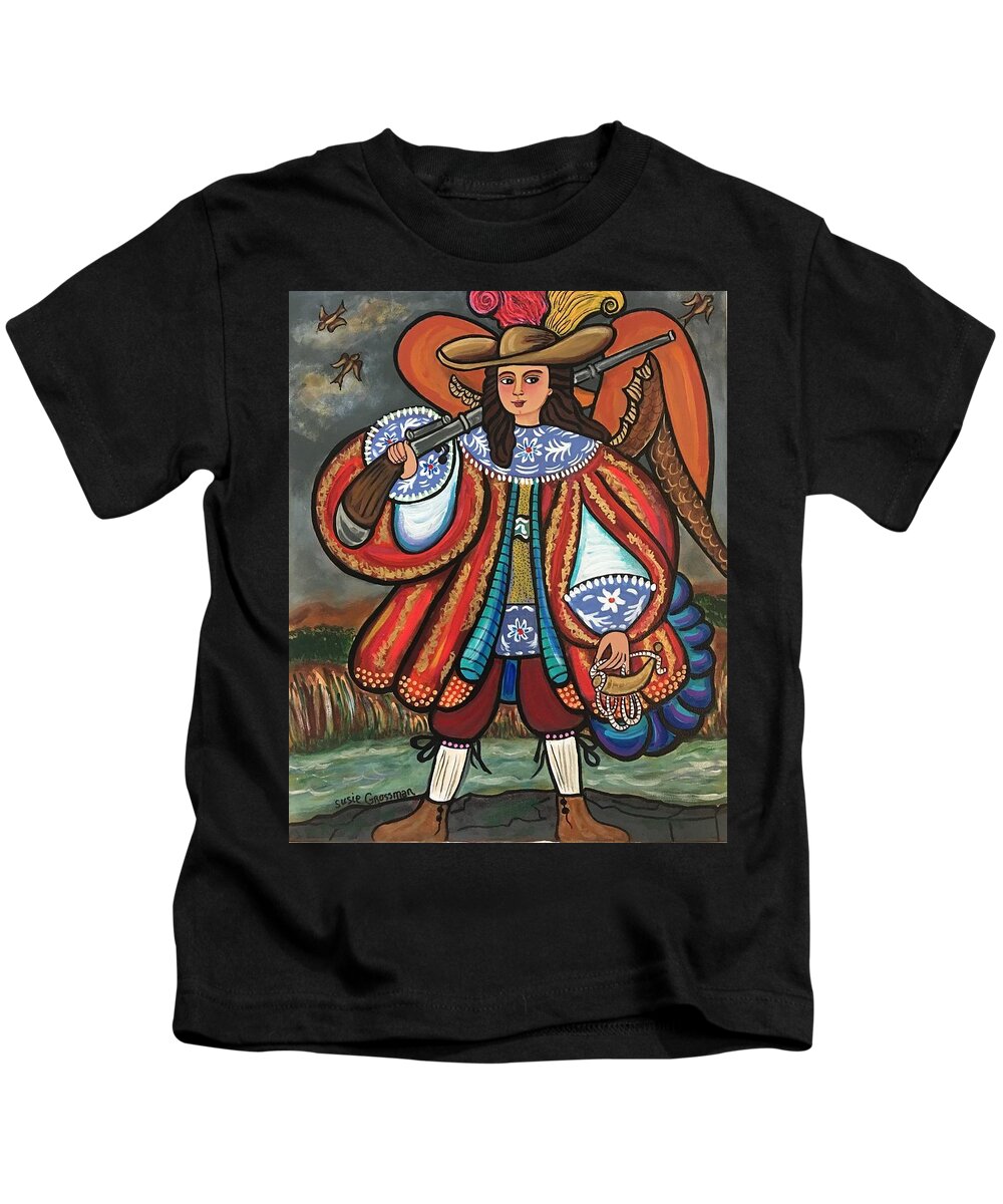 Angel/birds/hunter/cuzco Traditional Painting/peru/shotgun/musket/feathers/costume/wings//gunpowder Pouch/lace/spanish Costume Kids T-Shirt featuring the painting Hunting Angel by Susie Grossman