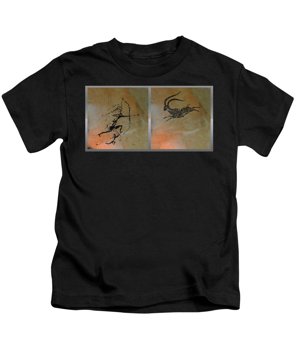 Levantine Art Kids T-Shirt featuring the mixed media Hunting Ibex at Cova Remigia by Asok Mukhopadhyay