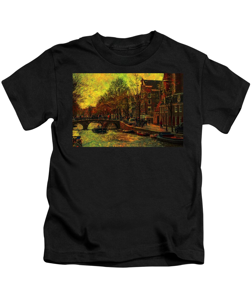 Amsterdam Kids T-Shirt featuring the photograph I Amsterdam. Vintage Amsterdam In Golden Light by Jenny Rainbow 