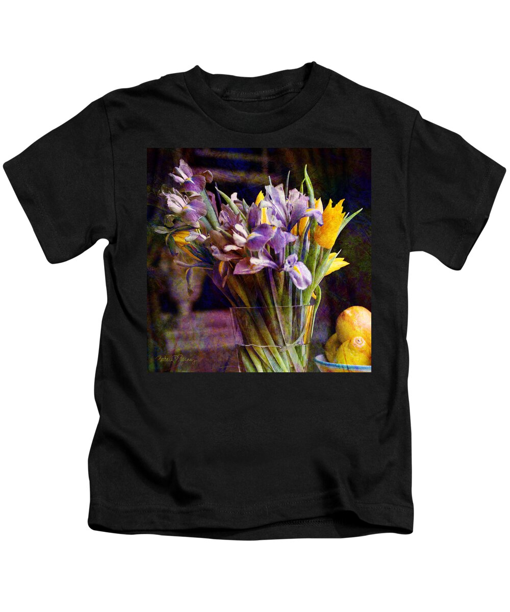 Purple Kids T-Shirt featuring the digital art Irises in a Glass by Barbara Berney