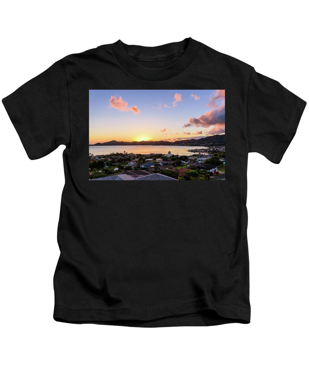 Clouds Kids T-Shirt featuring the photograph Kaneohe Bay Sunrise 1 by Jason Chu