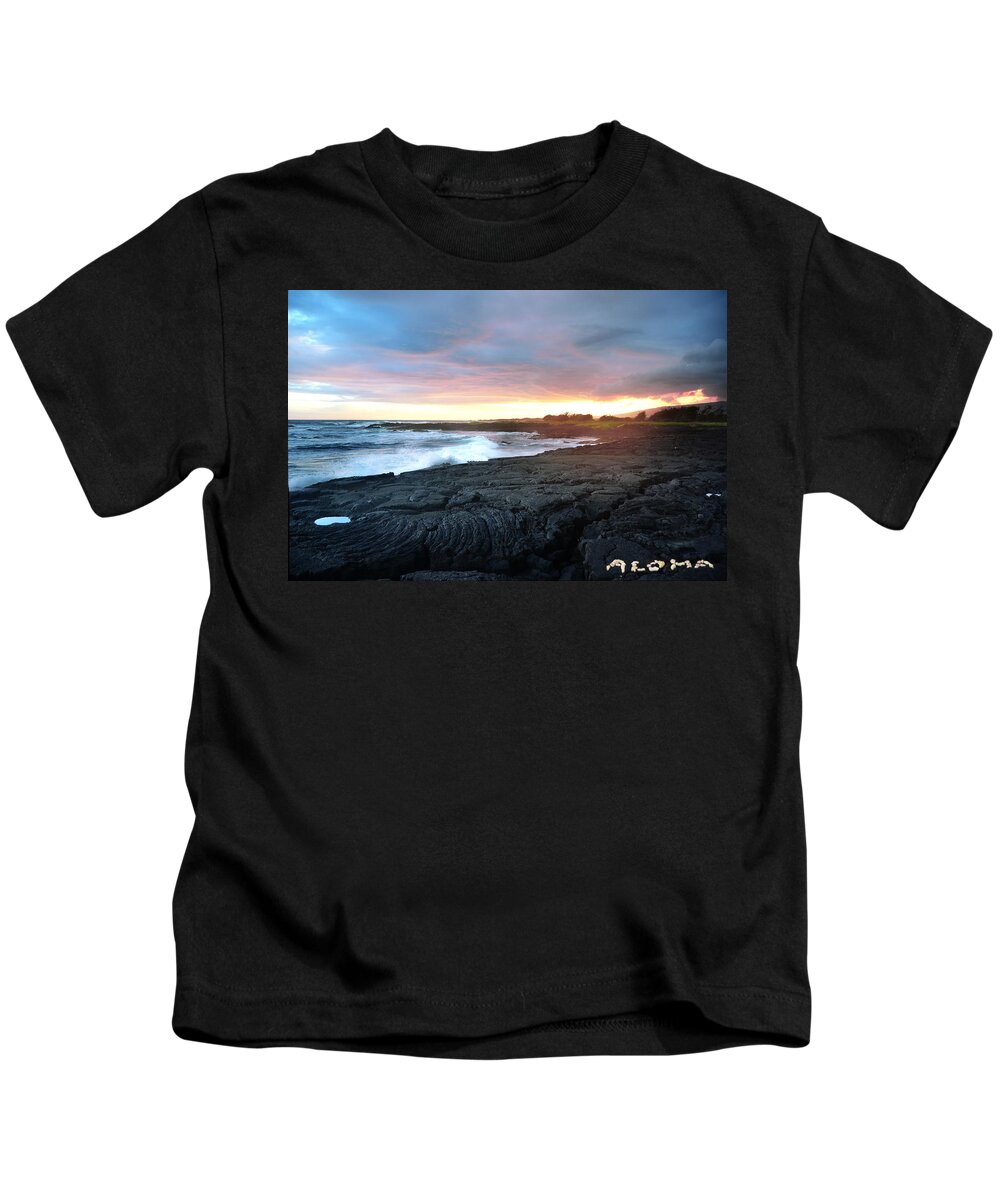 Aloha Kids T-Shirt featuring the photograph Lava Field Sunset Big Island Hawaii by Lawrence Knutsson