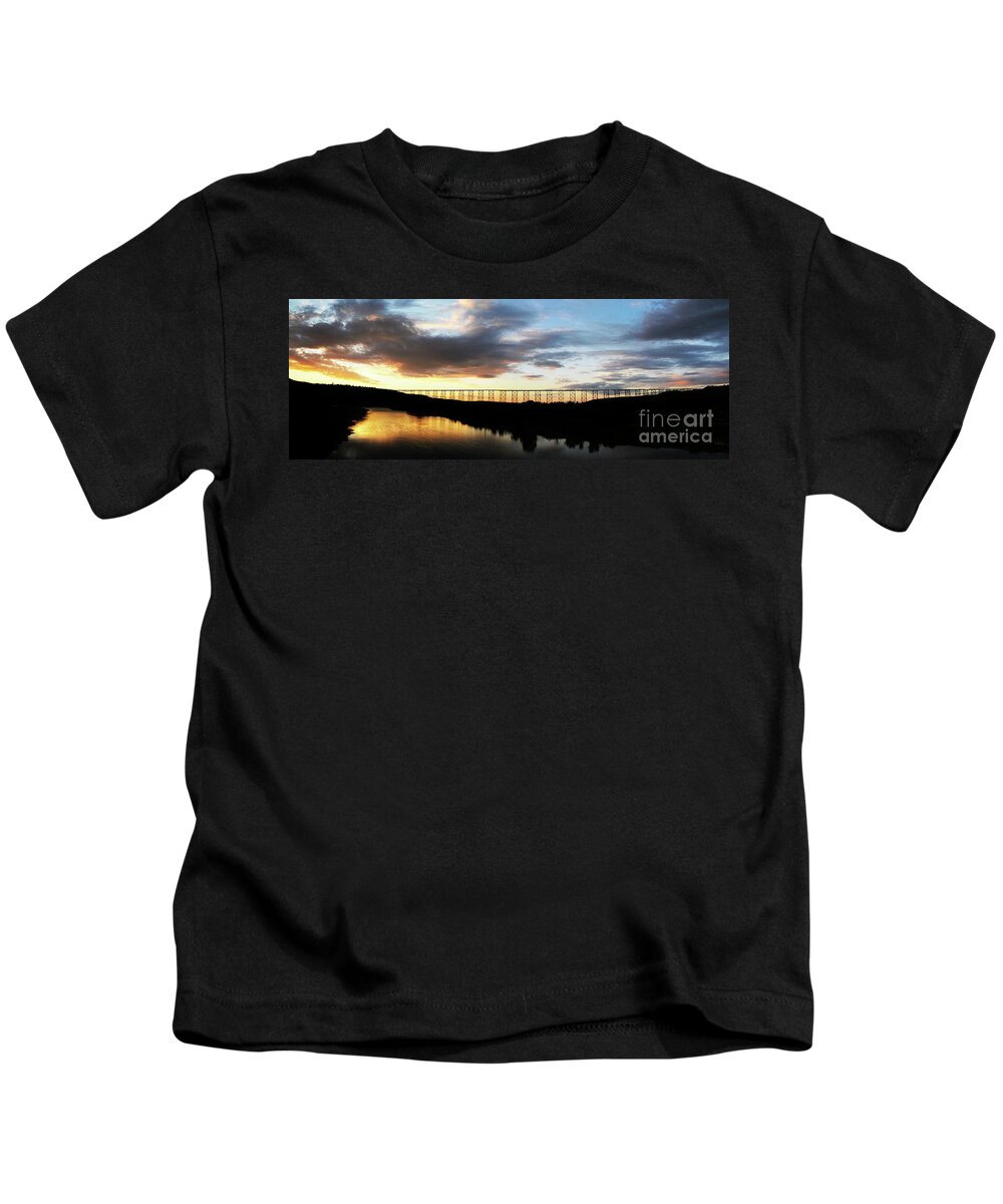 Lethbridge Kids T-Shirt featuring the photograph Lethbridge Bridge Sunset Panorama by Vivian Christopher