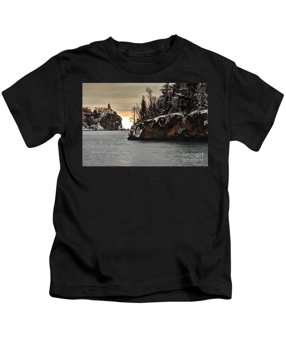 Photography Kids T-Shirt featuring the photograph Lighthouse and Island at Dawn by Larry Ricker