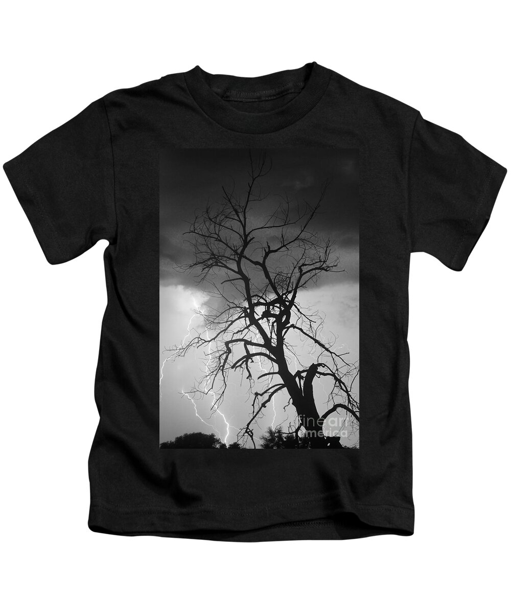 James Bo Insogna Kids T-Shirt featuring the photograph Lightning Tree Silhouette Portrait BW by James BO Insogna