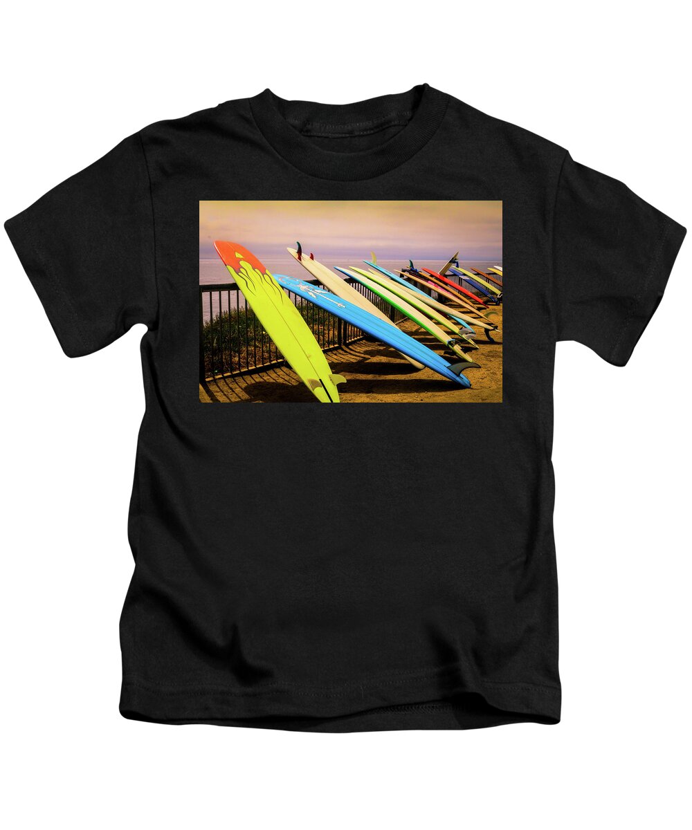 Longboards Kids T-Shirt featuring the photograph Longboards Waiting by Dr Janine Williams