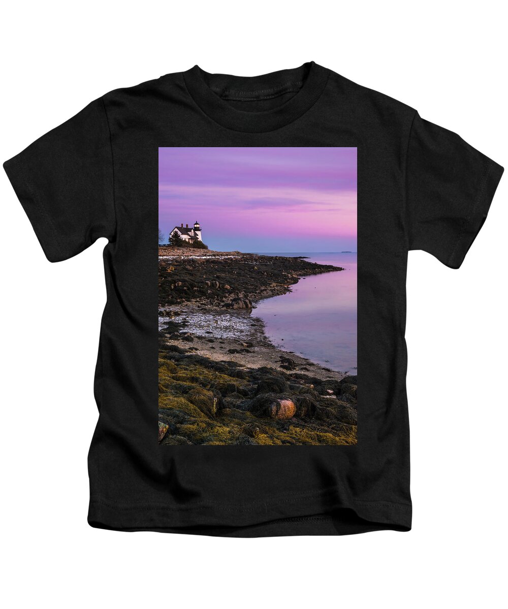 Maine Kids T-Shirt featuring the photograph Maine Prospect Harbor Lighthouse Sunset in Winter by Ranjay Mitra
