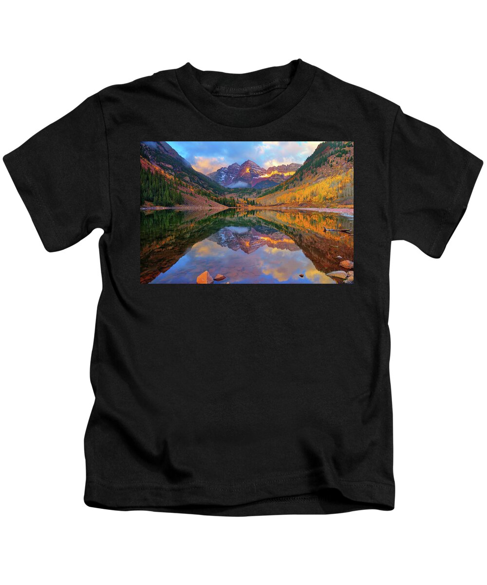 Maroon Bells Kids T-Shirt featuring the photograph Maroon Lake Dawn by Greg Norrell