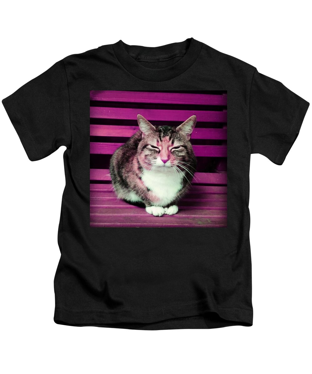 Cat Kids T-Shirt featuring the photograph Mindful Cat in Pink by Rowena Tutty