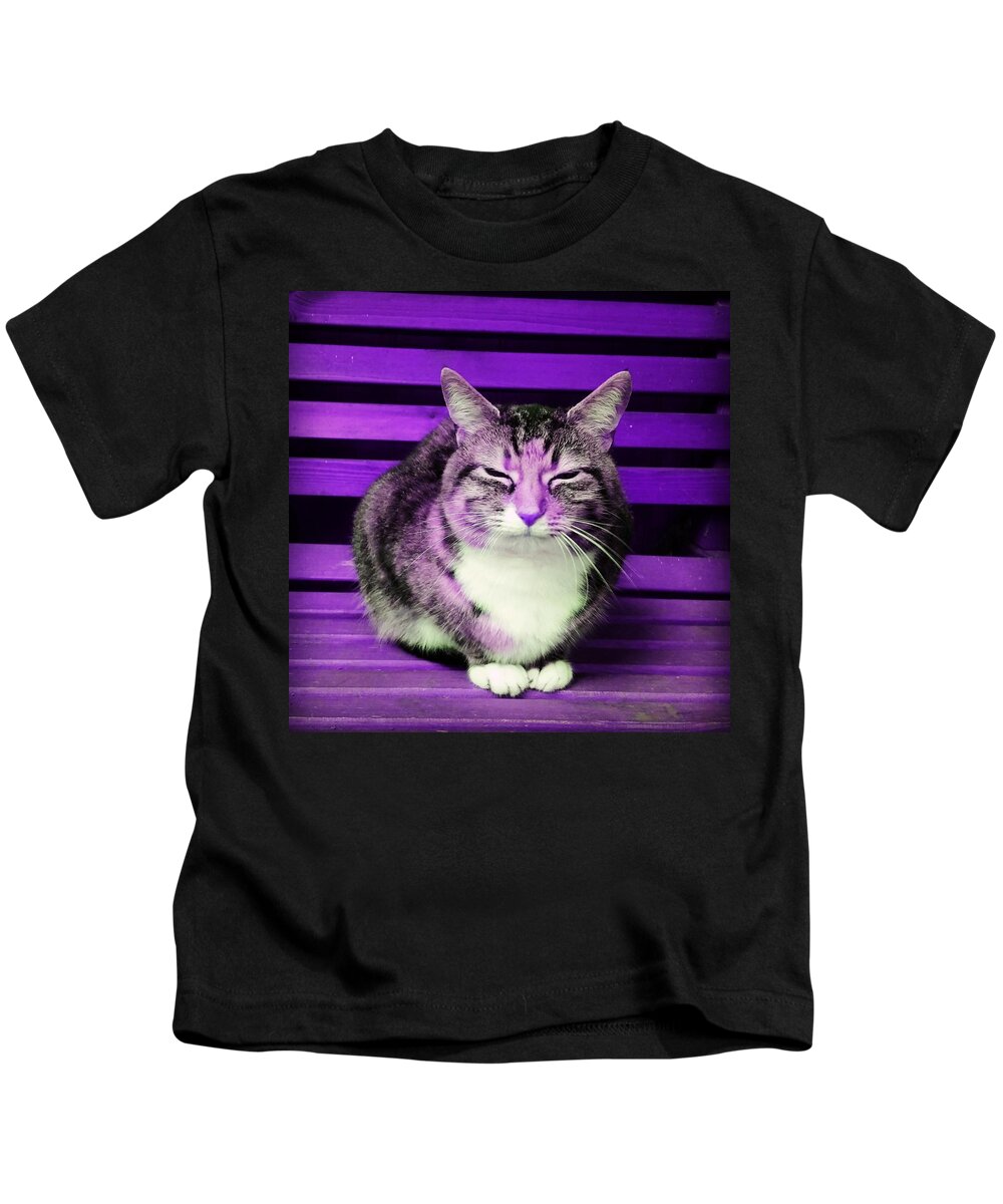 Cat Kids T-Shirt featuring the photograph Mindful Cat in Violet by Rowena Tutty