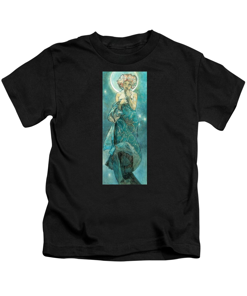 Alphonse Mucha Kids T-Shirt featuring the painting Moonlight by Alphonse Mucha