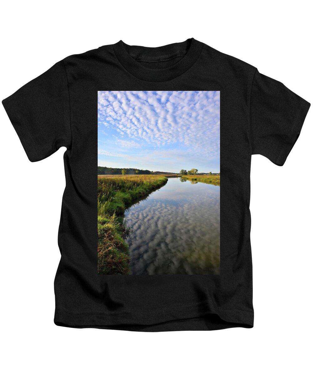 Mchenry County Conservation District Kids T-Shirt featuring the photograph Morning Clouds Reflected in Nippersink Creek in Glacial Park by Ray Mathis