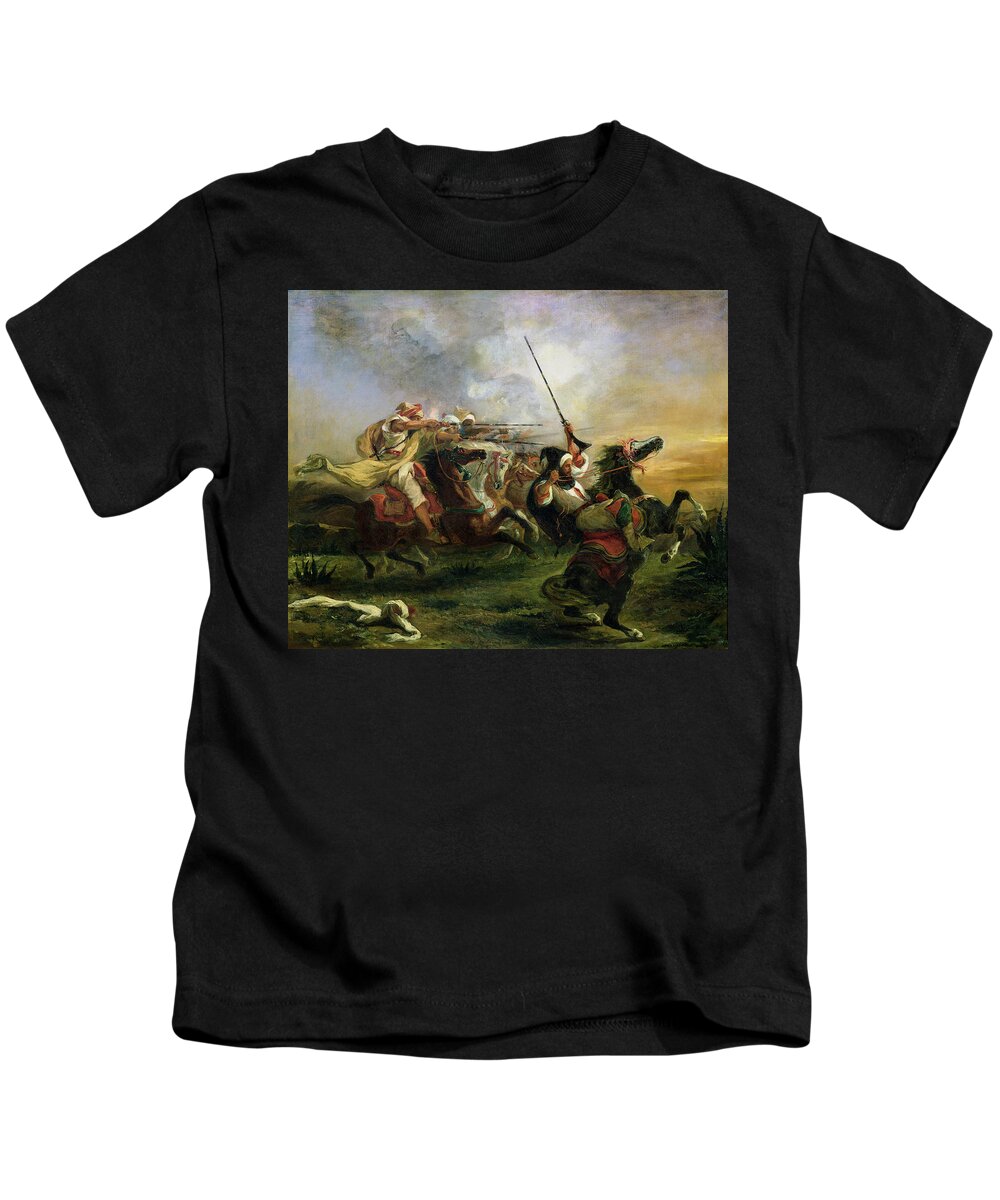 Moroccan Kids T-Shirt featuring the painting Moroccan horsemen in military action by Eugene Delacroix