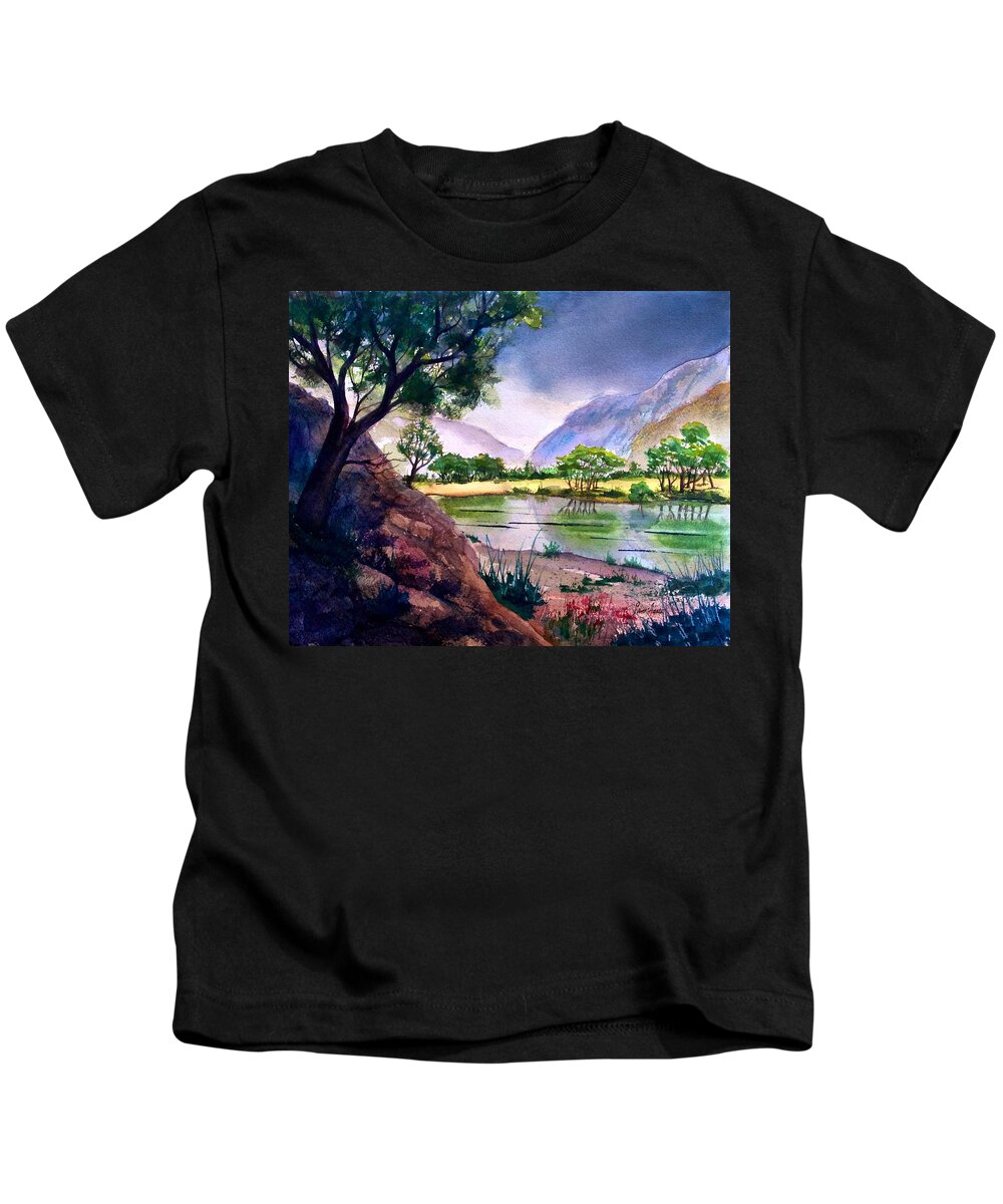 Mountains Kids T-Shirt featuring the painting Mountain Lake Memories by Frank SantAgata