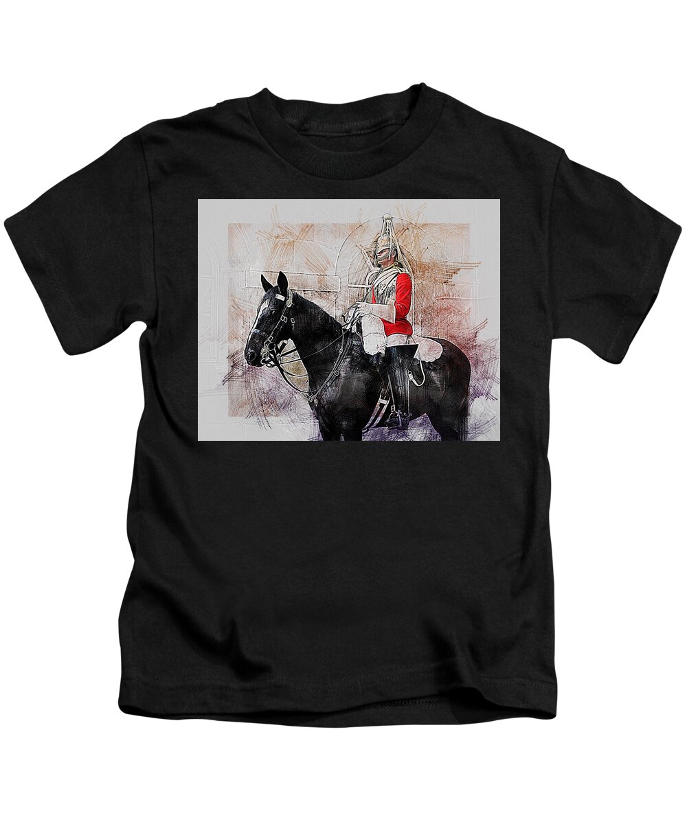 Household Cavalry Kids T-Shirt featuring the digital art Mounted Household Cavalry Soldier On Guard Duty in Whitehall Lon by Anthony Murphy