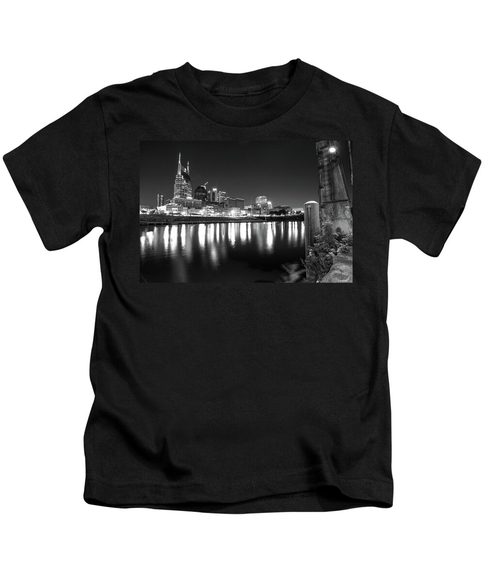 Nashville Tennessee Kids T-Shirt featuring the photograph Music City Skyline in Black and White - Nashville Tennessee by Gregory Ballos