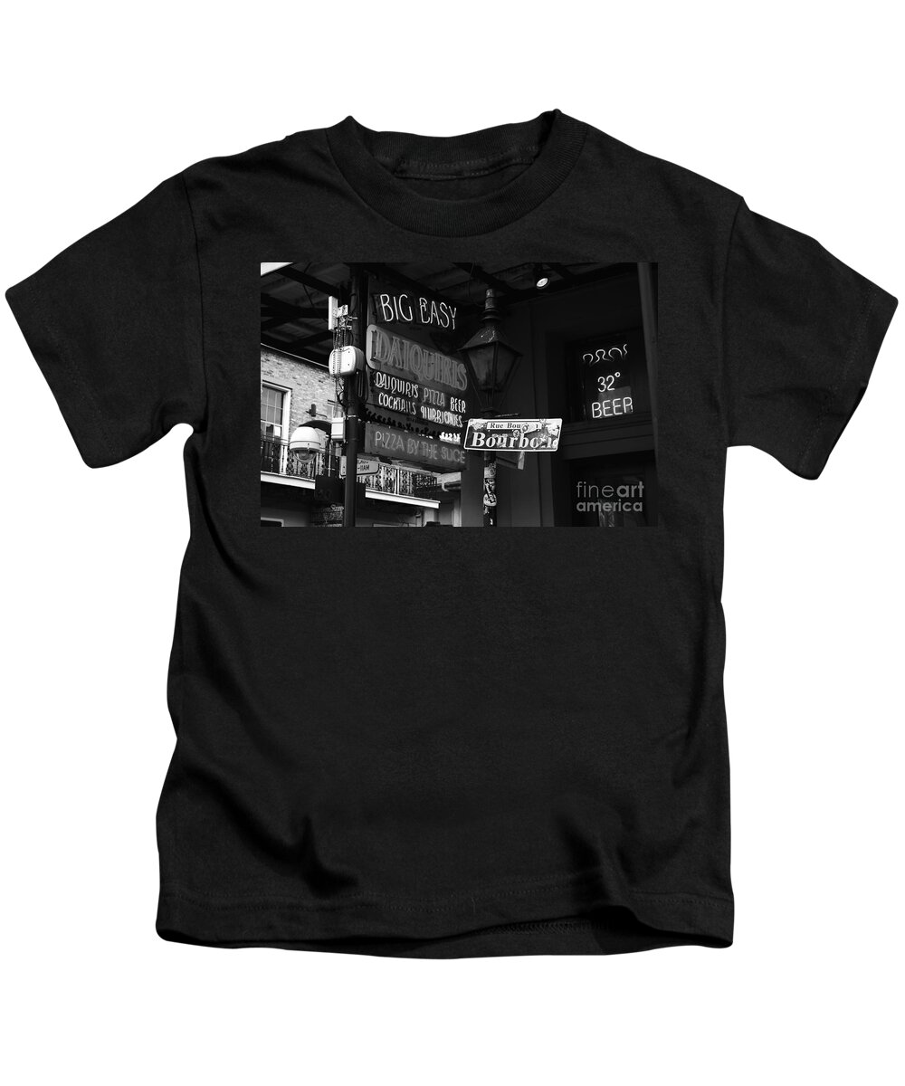 New Orleans Kids T-Shirt featuring the photograph Neon Sign on Bourbon Street Corner French Quarter New Orleans Black and White by Shawn O'Brien