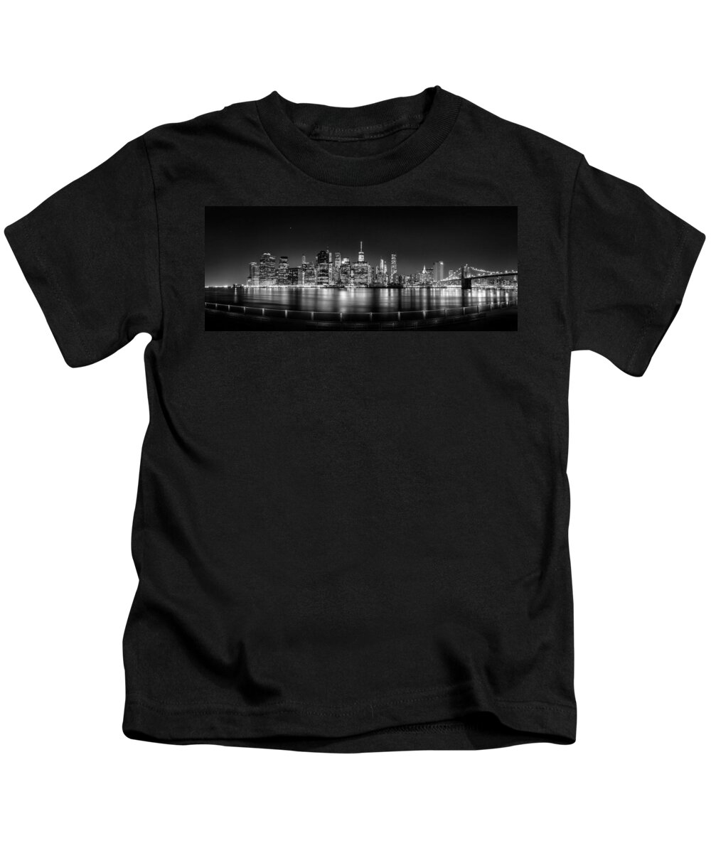 New York City Skyline Kids T-Shirt featuring the photograph New York City Skyline Panorama At Night BW by Az Jackson