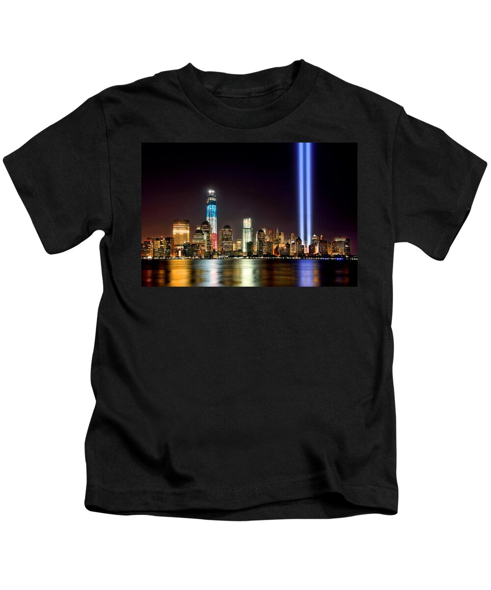 New York City Skyline At Night Kids T-Shirt featuring the photograph New York City Skyline Tribute in Lights and Lower Manhattan at Night NYC by Jon Holiday