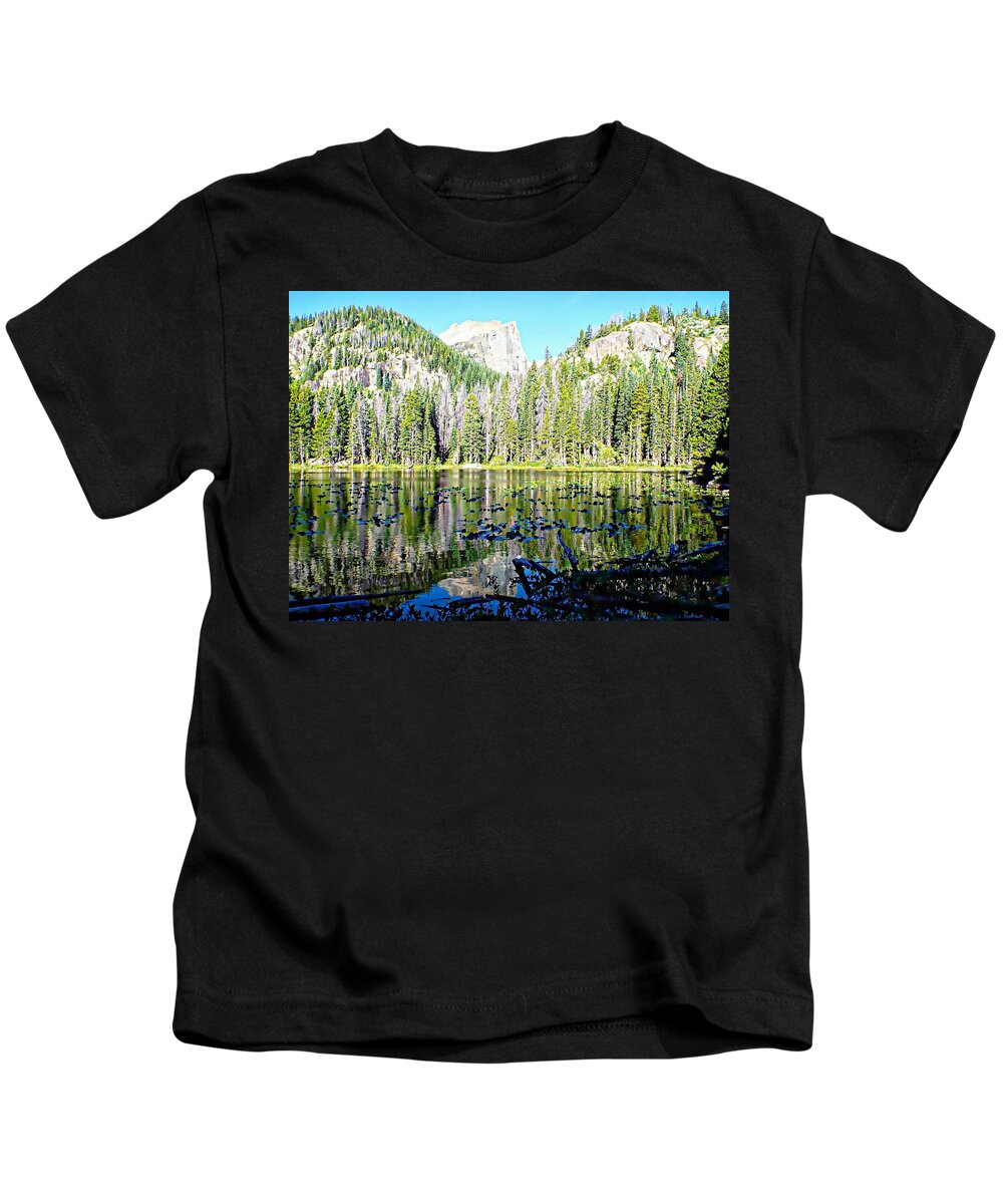 United States Kids T-Shirt featuring the photograph Nymph Lake and Flattop Mountain by Joseph Hendrix