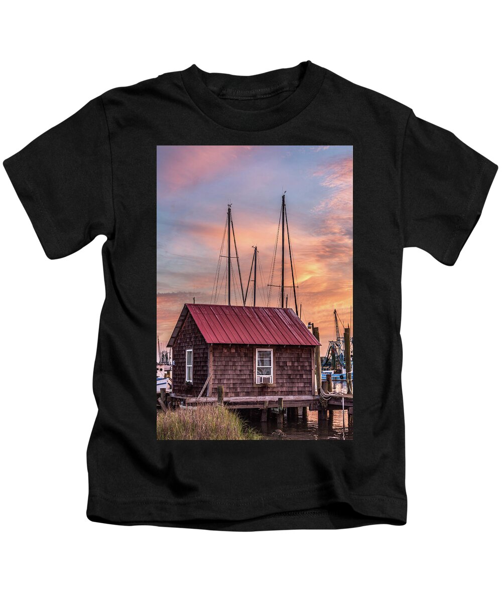 Boathouse Kids T-Shirt featuring the photograph Old Boathouse on Shem Creek by Donnie Whitaker