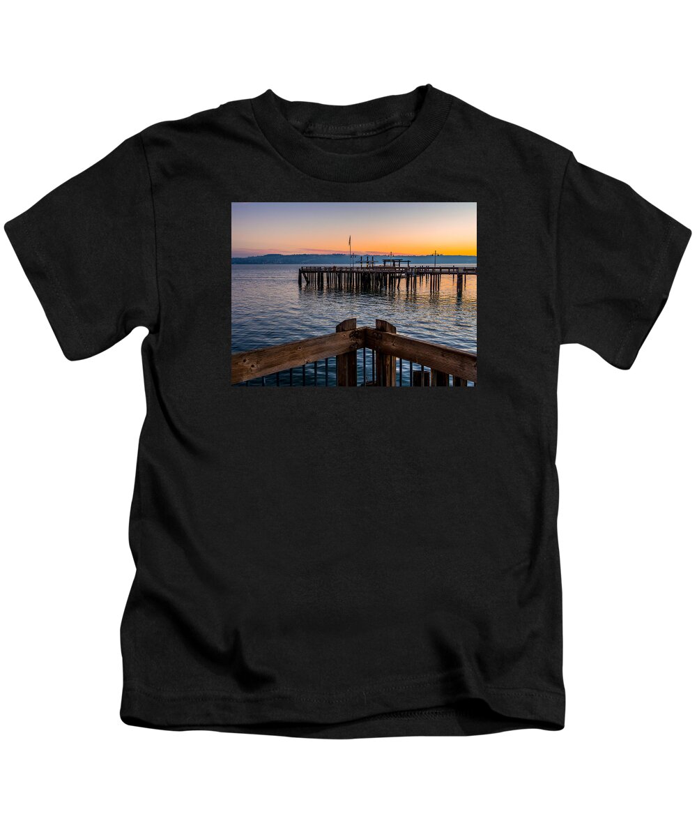 Rob Green Kids T-Shirt featuring the photograph Old Town Pier during Sunrise on Commencement Bay by Rob Green