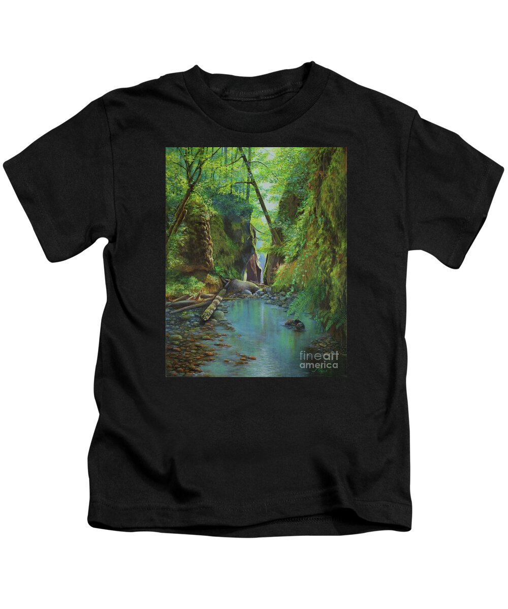 River Kids T-Shirt featuring the painting Oneonta Gorge by Jeanette French