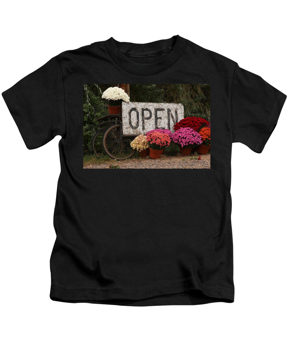 Mums Kids T-Shirt featuring the photograph Open Sign with Flowers Fine art Photo by James BO Insogna