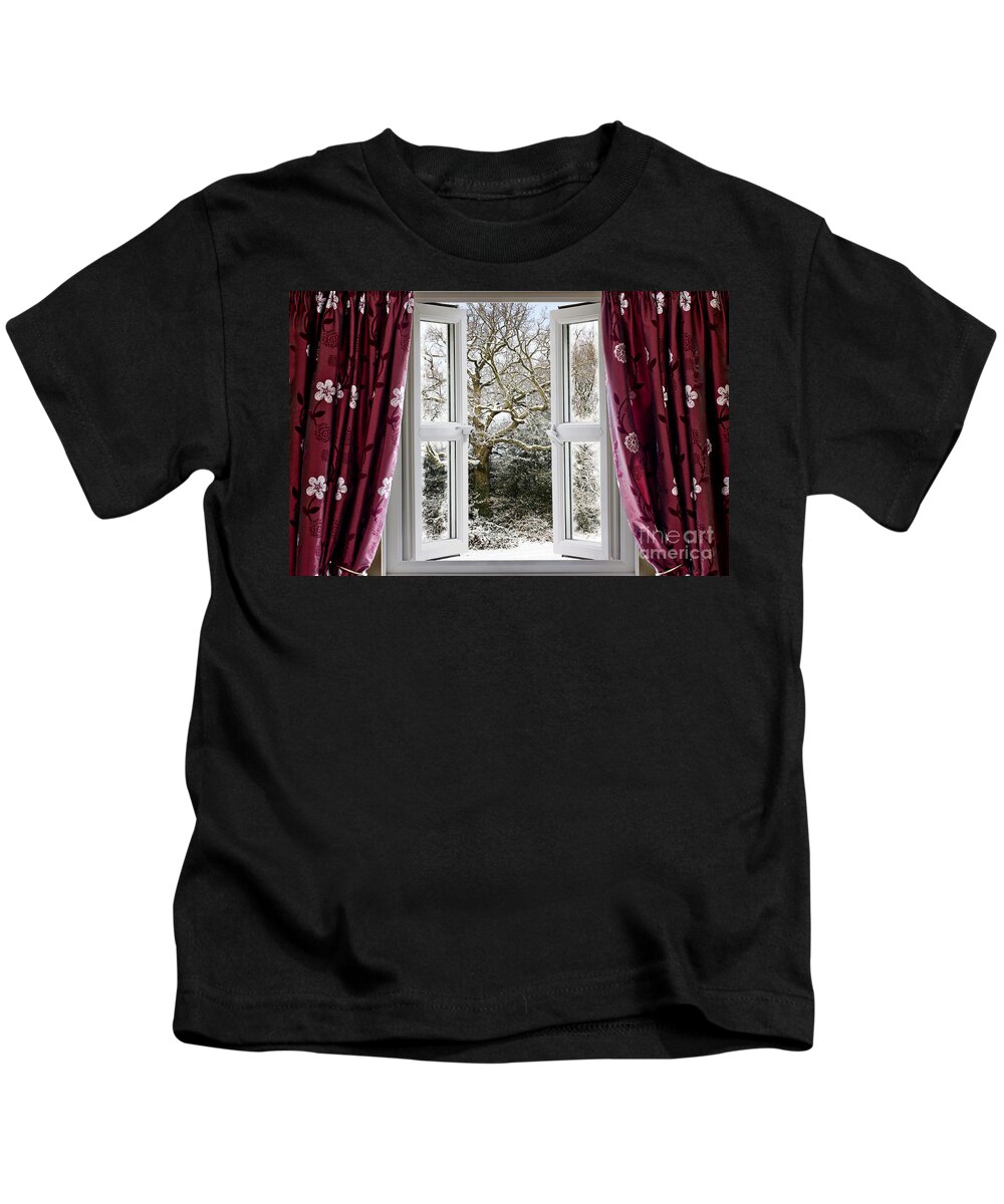 Window Kids T-Shirt featuring the photograph Open window with winter scene by Simon Bratt