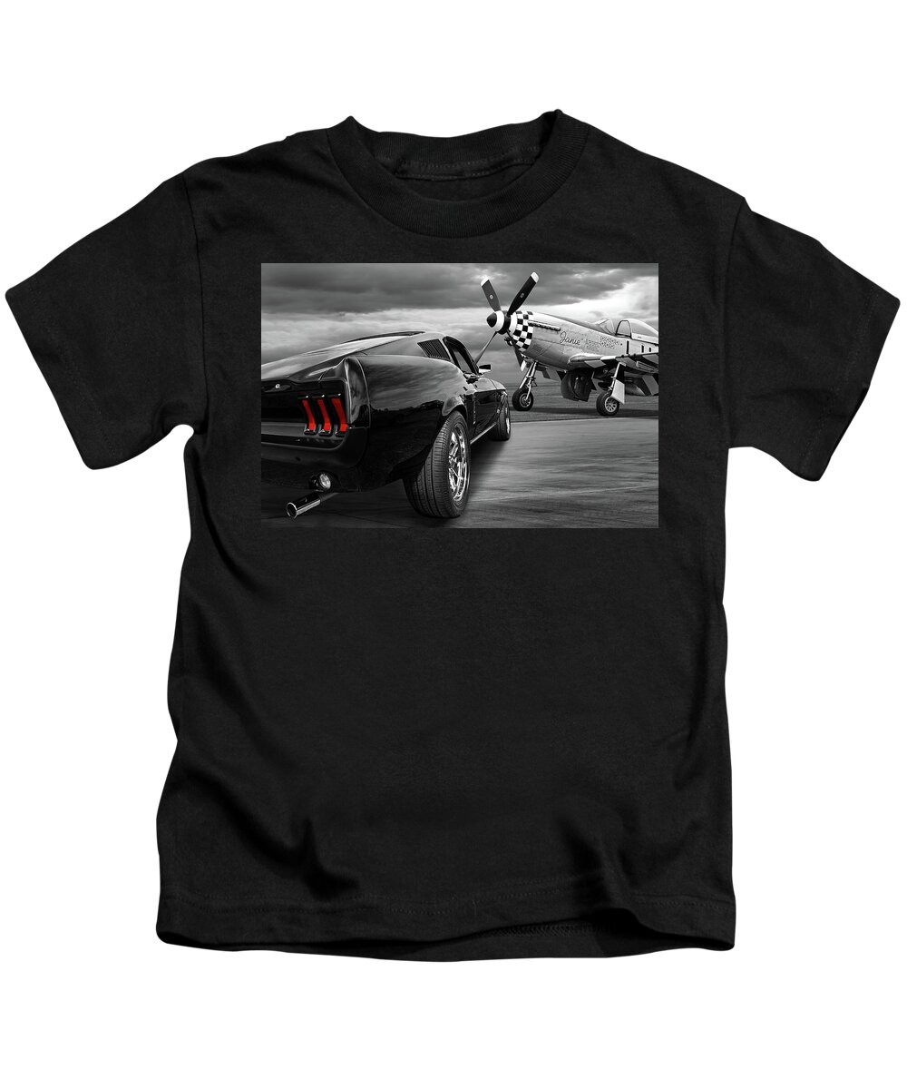 Ford Mustang Kids T-Shirt featuring the photograph P51 with Black '67 Fastback Mustang by Gill Billington