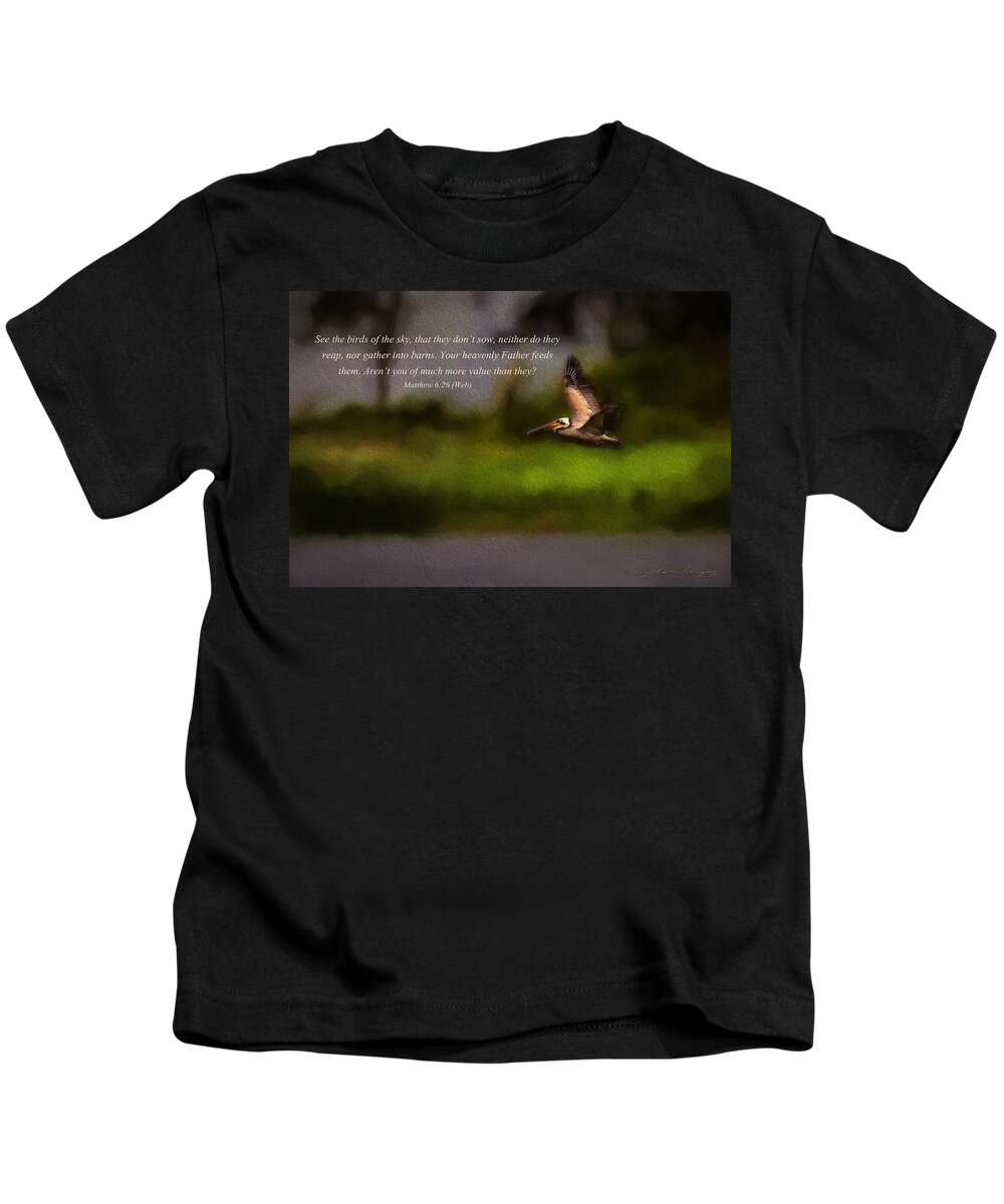 Pelican Kids T-Shirt featuring the photograph Pelican In Flight With Bible Verse by John A Rodriguez