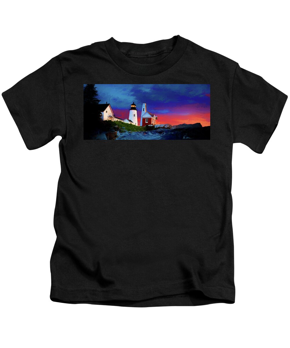 Vacationland Kids T-Shirt featuring the digital art Pemaquid Lighthouse at Dawn Artistic Panorama by David Smith